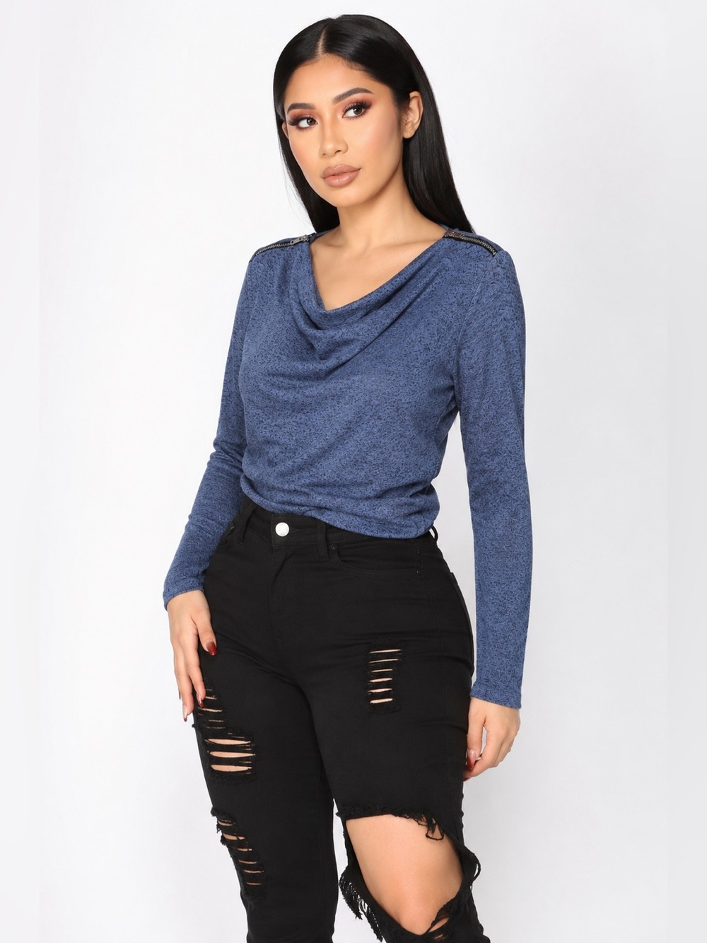 Carmen Marc Valvo Women Blue Gray Long Sleeve Sweater with Zipper Accents XS